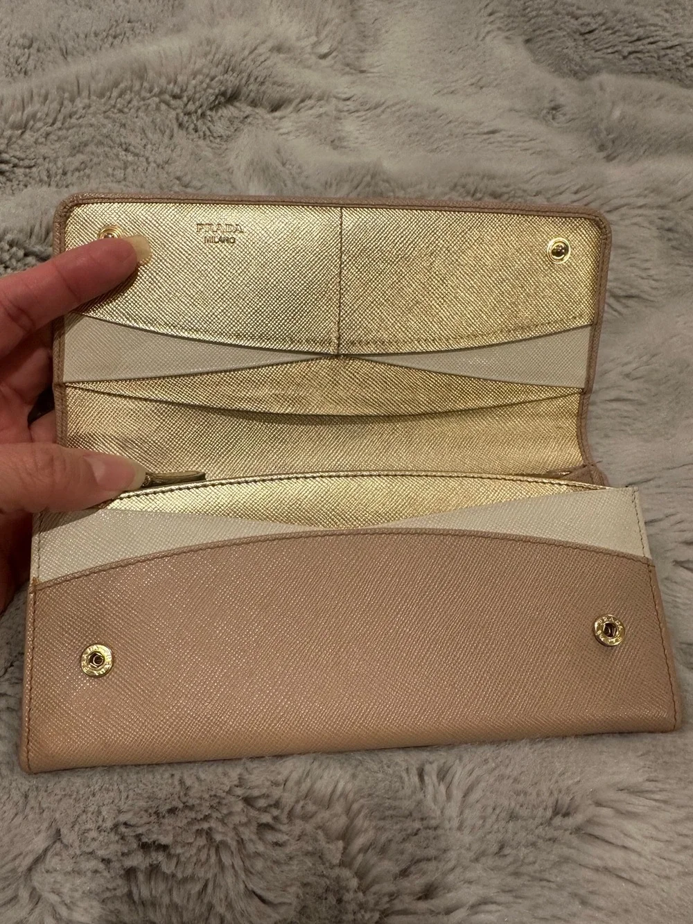 Prada Gold-Logo Saffiano Wallet in Nude Pink